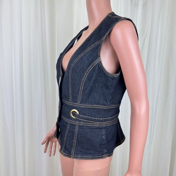 Women's Y2K Bisou Bisou Denim Jean V-Neck Vest Size Large Blue - Picture 3 of 9